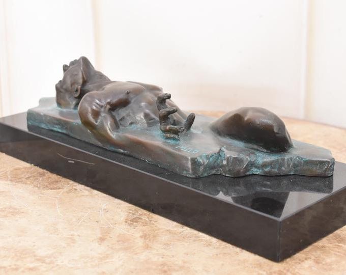 Vintage Patinated Bronze Lying Man Sculpture, Milo Style French Figurine