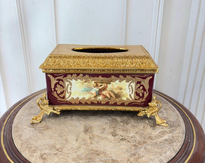 Vintage Baroque Porcelain Tissue Box Angel Motif Bronze Mounted Napkin Holder Gilded Aristocratic Decor