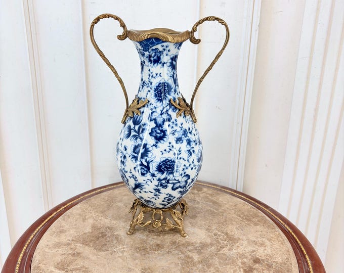 Art Nouveau Blue Porcelain Vase with Bronze Mounts, Floral Secession Style