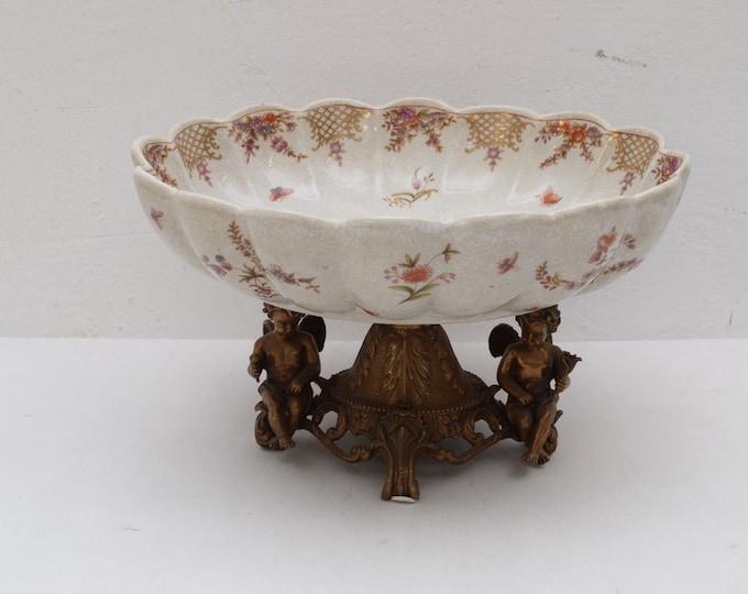 Porcelain with Bronze Bowl Plateau Angels and Flowers Vase Base  Art Deco Gift -