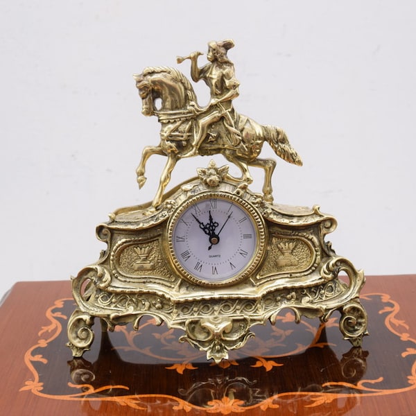 Luxury Brass Table Clock with Hunter on Horse - Fireplace Clock - Art Nouveau Style Clock - Exclusive Gift Idea