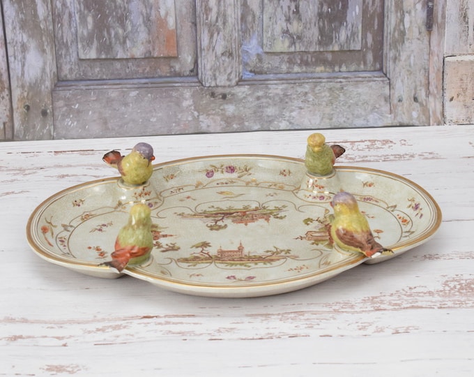 Painted Plateau Porcelain - Handmade Porcelain with Fours Birds Design - Vintage Bowl - Kitchen Decor - Gift Idea for Wedding