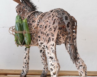 Big Iron Funny Donkey Figure - Donkey With Two Baskets Nice Big Iron Funny Donkey Figure - Donkey With Two Baskets Nice