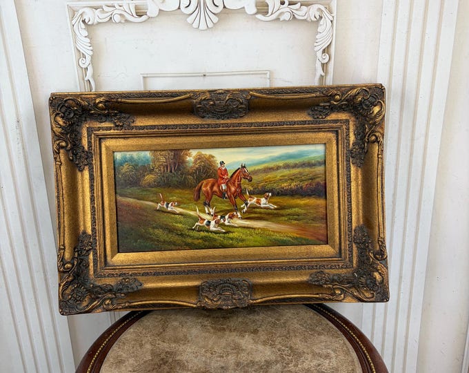 Vintage Hunting Scene Oil Painting - Hunter with Pointer Dogs - Oil on Wood