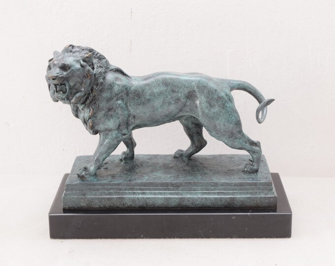 Great Green Patina Lion Bronze Sculpture - Foundry Mark - Animal Statue Lion - Gift Idea - Gift Office -