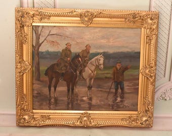 Antique Polish Oil Painting – Soldiers on Horseback, 1930s Canvas Art