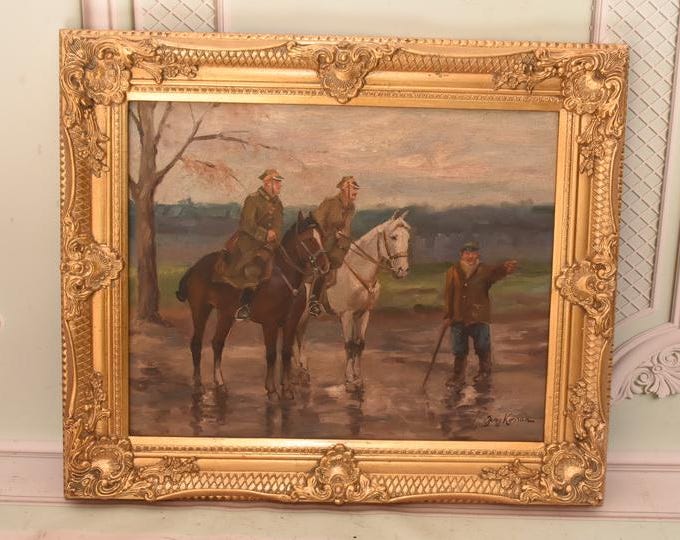 Antique Polish Oil Painting – Soldiers on Horseback, 1930s Canvas Art