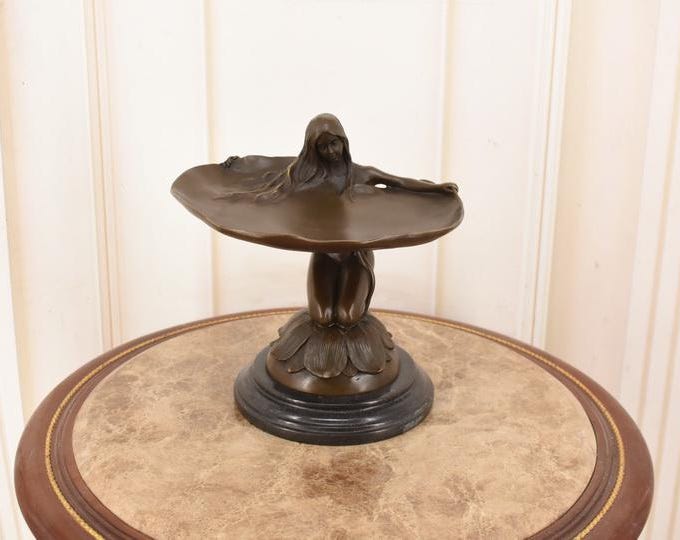 Bronze Nymph Sculpture Bowl – Art Nouveau Woman, Signed, Marble Base – Vintage Collectible