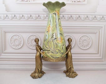 Green Porcelain Flower Pot: Art Nouveau Bronze Nymphs Vase