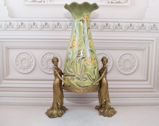 Green Porcelain Flower Pot - Vase Porcelain and Bronze Ornaments 2 Women - Bronze Statue Art Nouveau Nymphs - Home Decor - Gift for Wedding