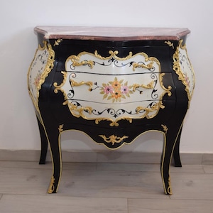 French Commode Louis XVI – Hand-Painted Floral Chest with Marble Top, Black Vintage Furniture – Elegant Home Decor – Gift Idea