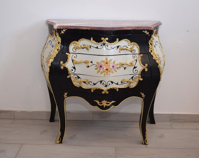French Commode Louis XVI – Hand-Painted Floral Chest with Marble Top, Black Vintage Furniture – Elegant Home Decor – Gift Idea