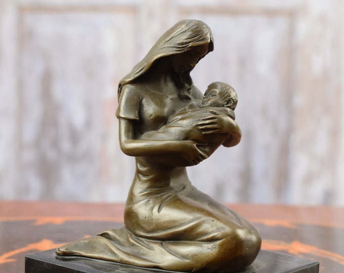 Mother with Baby Bronze Statue on Marble Base - Baby Shower Gift Idea - Home and Office Decor - Vintage Sculpture - Art Work Bronze