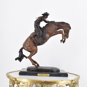 Bronze Rodeo Cowboy on Bucking Horse – Western Sculpture – Rustic Cowboy Figurine – Bronze Horse Statue – Rodeo Gift for Him Bronco Buster