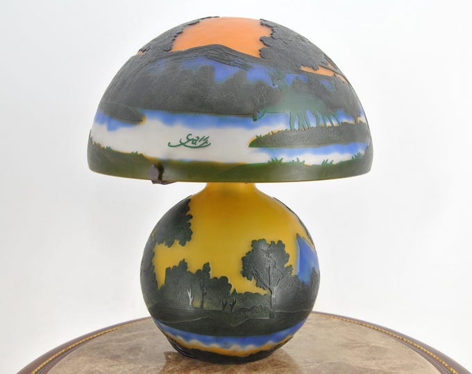 Limited Lamp – Emile Gallé Style Desk Lamp with Botanical & Mountain Landscape Motifs – Art Nouveau Glass Table Lamp, Vintage Decor Gift