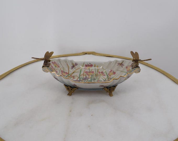 Porcelain Bowl with Bronze Ornaments - Dragonflies Bronze - Green Plateau Antique Porcelain - Home Decor - Regency Decor - Gift Idea