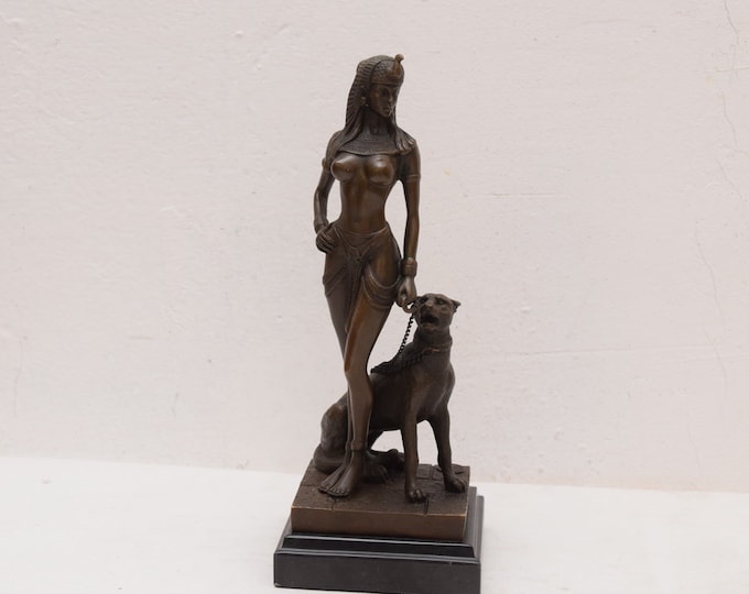 Cleopatra with panther bronze sculpture - figurine mithology Vintage Statue Figurine gift idea -