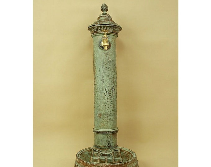 Cast Iron Stand Fountain with Brass Faucet Tap - Green Patina Fountain Metal Wall Sink - Patio &  Wall Ornament Outdoor Decor - Garden Tap
