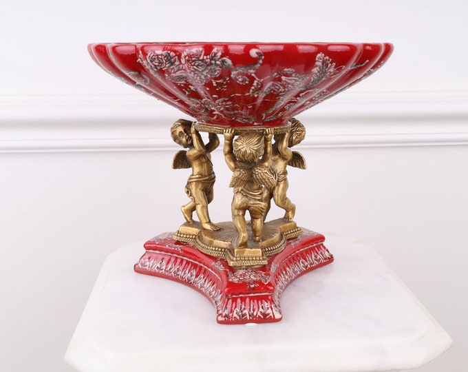 Red Porcelain with Bronze 3 Angels - Porcelain Angel Bowl - Red Ornaments Art Nouveau Vintage Gift - Home Decor - Regency Decor - Gift Idea