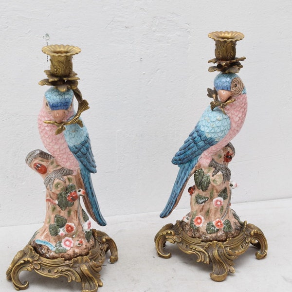 Pair Candlesticks Porcelain with Bronze Ornaments - Parrots on Branch Porcelain - Art Work Candleholder Parrot - Art Deco Gift - Home Deccor