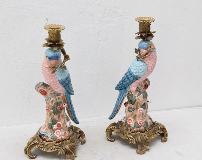 Pair Candlesticks Porcelain with Bronze Ornaments - Parrots on Branch Porcelain - Art Work Candleholder Parrot - Art Deco Gift - Home Deccor