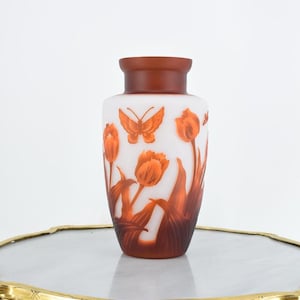 Limited Flower Vase - Orange Glass Vase - Pheasants Design - Emile Galle Style - Solid and Heavy - Wedding Gift Idea - Home Decor