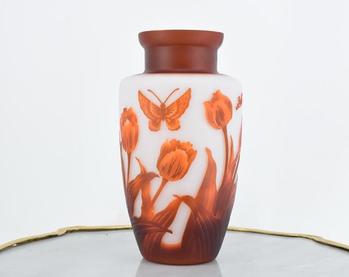 Limited Flower Vase - Orange Glass Vase - Pheasants Design - Emile Galle Style - Solid and Heavy - Wedding Gift Idea - Home Decor
