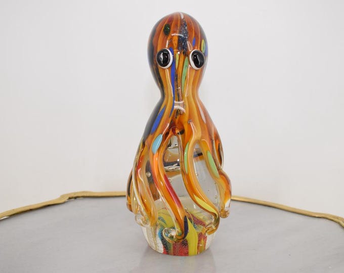 Funny Orange Octopus Murano Style – Handcrafted Venetian Glass Paperweight – Unique Figurine Art – Ocean Theme Gift Home Decor