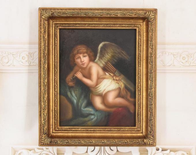 Seated Winged Cupid Oil Painting | Thoughtful Romantic Cherub on Wood from French Estate