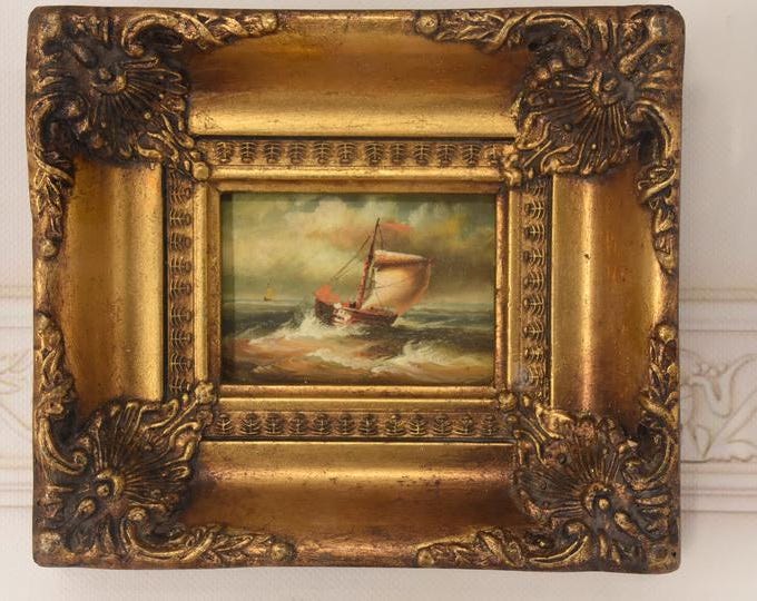 Vintage Boat Painting: Handmade Nautical Seascape with Gold Frame