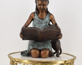 Bronze Statue: Kneeling Girl Reading with Cat - Elegant Home Decor (20.08 inches)