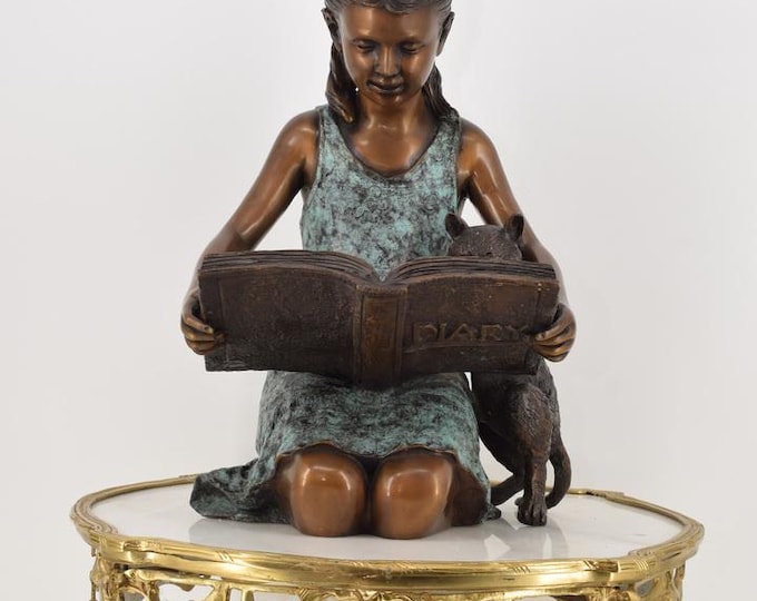 Large Bronze Statue – Kneeling Baby Girl Reading with Playful Cat – Elegant Home Decor & Unique Gift Idea