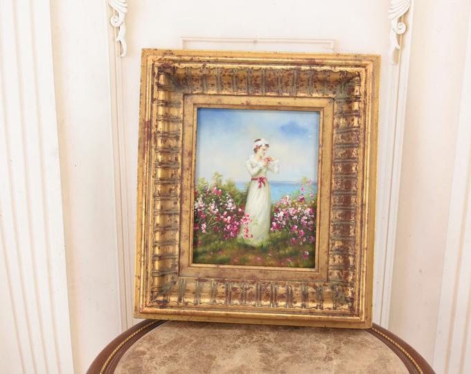 Vintage French Oil Painting – Aristocratic Lady with Flowers, Gold Frame