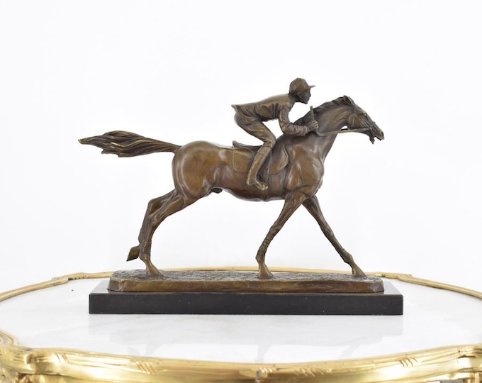 Horse Rider Jockey Bronze Sculpture on Marble Base - Jockey Bronze Statue Figure - Horse Sculpture - Gift Idea - Home Decor - Gift Idea