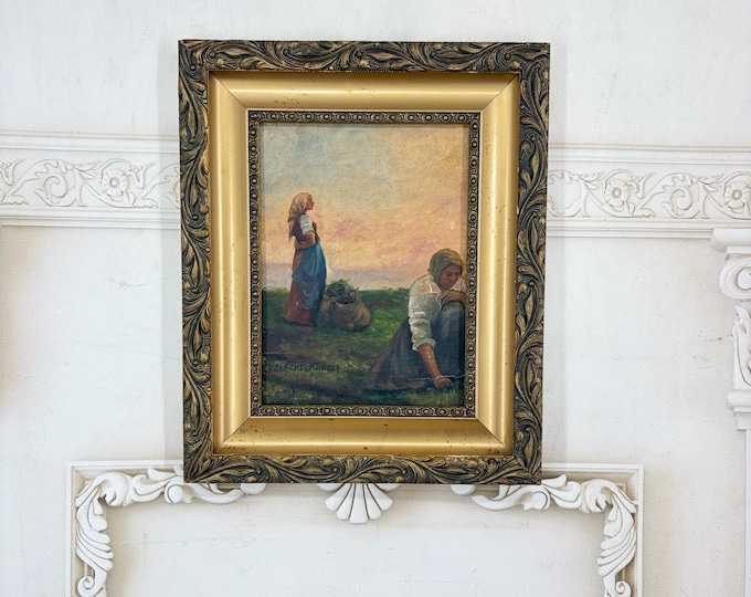 Antique Polish Oil Painting on Wood - Rural Harvest Scene - Women in the Field - Framed Folk Genre Art