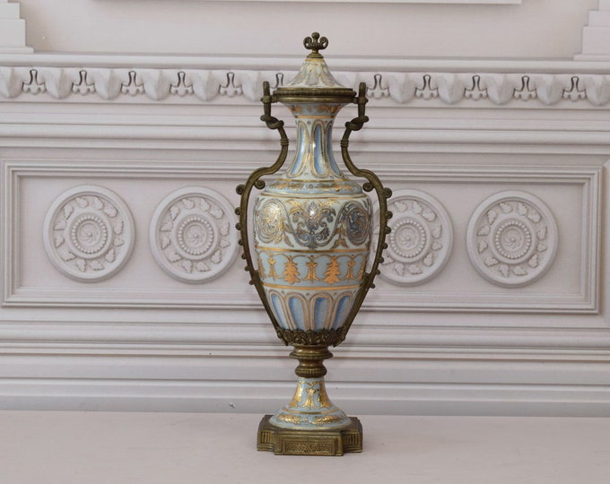 Large Blue and Gold and Porcelain Vase - Antique Art Nouveau Urn - Flower Pot and Bronze Ornaments - Home Decor - Gift for Wedding