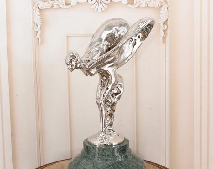 Silvered Bronze Spirit of Ecstasy Figurine – Milo Style Sculpture – Signed Statue on Green Marble Base – Luxury Home Decor Heavy Vintage Art