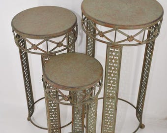 Green Patina Iron Plant Tables (Set of 3) - Rustic Garden Decor