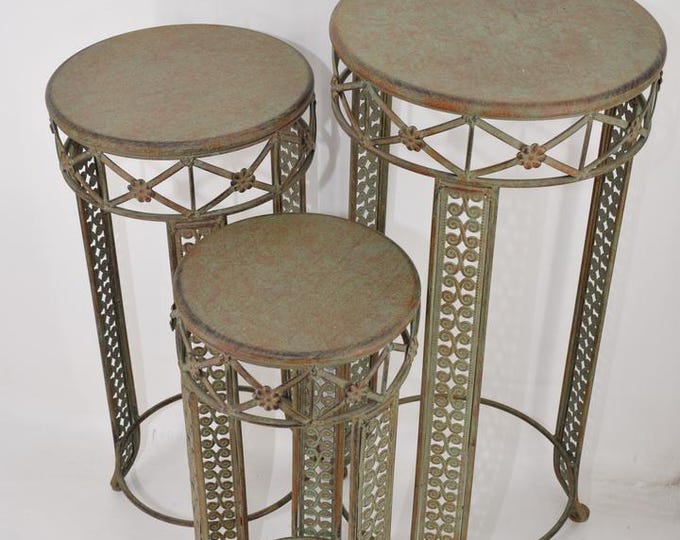 Set 3 Iron Flower Tables – Green Patina Plant Stands – Rustic Garden Decor – Vintage Style Plant Tables – Standing Garden Display Gift Idea