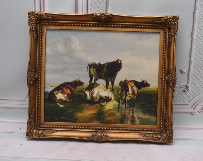 Vintage Cows Oil Painting: Rustic French Countryside Scene