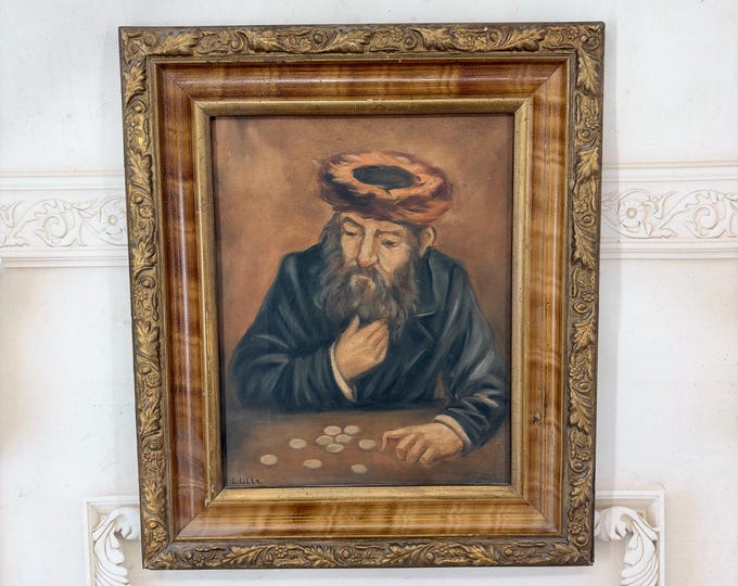 Antique Jewish Oil Painting Signed Lille: Jew with Coins, Judaica Art
