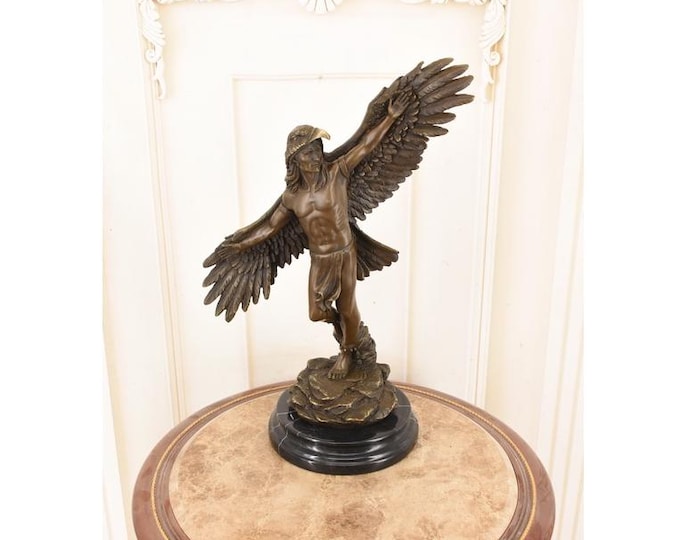 Fisher Signed Bronze Native American Figure – Winged Warrior Sculpture on Marble Base