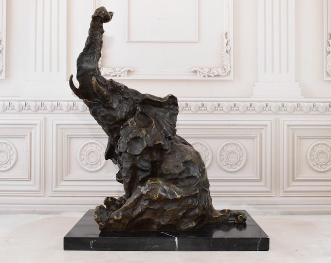 Very Large Cubist Elephant - Bronze Statue on Marble Base - Oriental Statue - Africa Animal Sculpture - Gift Idea - Home Decoration