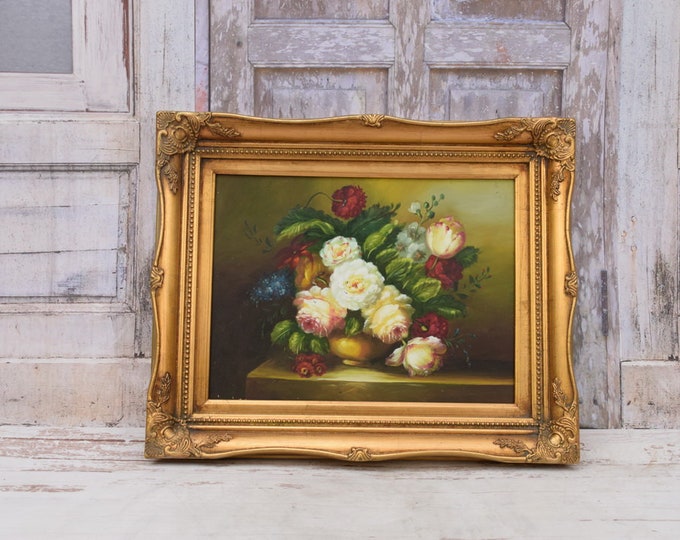 Flowers Painting in Golden Frame Oil on Canvas 54x44 - French Art - Flower Wall Decor - Luxury Gift - Wall Art - Home Decor
