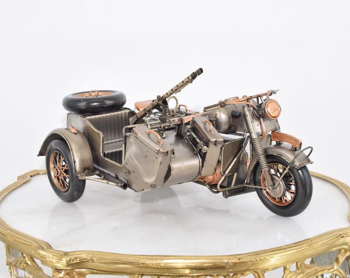 Unique Military Motorbike with Sidecar - Vintage Metal Model - Old School Motorcycle Toy - Collector’s Item - Gift & Home Decor Idea