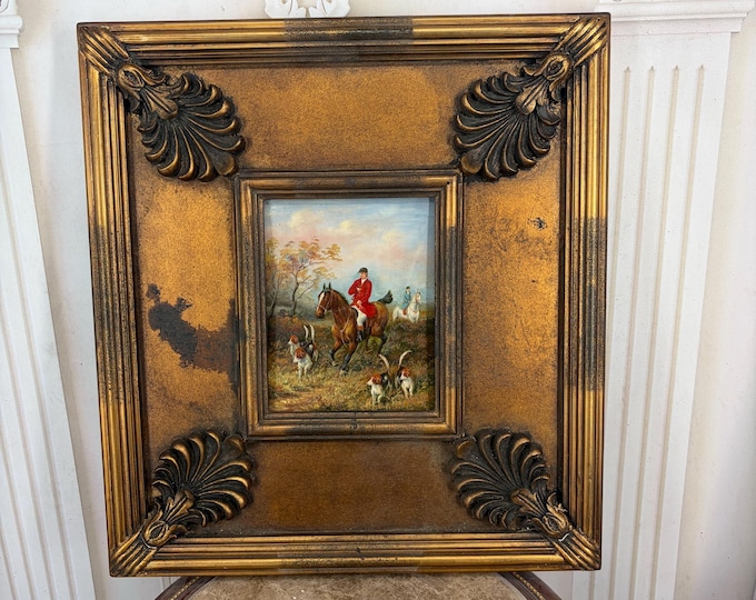Painting Hunter on Horseback – French Hunting Scene Art, Oil on Wood, Gold Frame