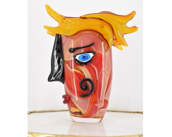 Amazing Vase Murano Glass - Orange Vase Face Murano Style - Colorful Figurine - Richly Decorated - Italian Luxury Glass - Home Decor Gift