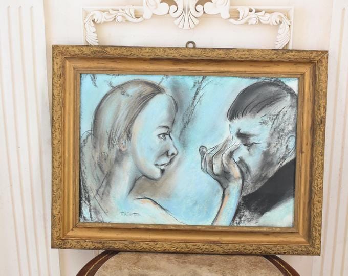Vintage Polish Modernist Pastel – Emotional Couple, Signed & Framed