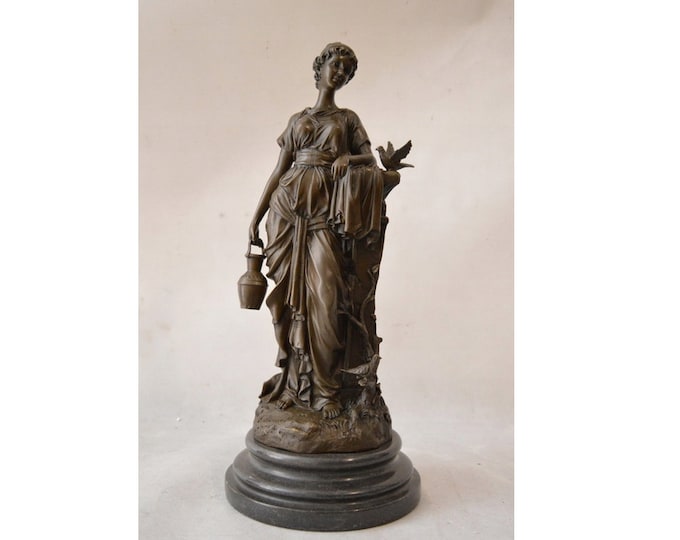 Eutrope Bouret Woman with Jug Bird Bronze Statue Art Nouveau Figurine Sculpture Exclusive Gift Idea for - Home Decor