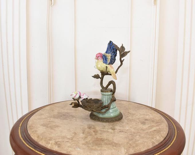 Porcelain Birds Bronze Candlestick – Two Birds On Branch – Porcelain & Bronze Candle Holder – Art Deco Style – Elegant Home Decor
